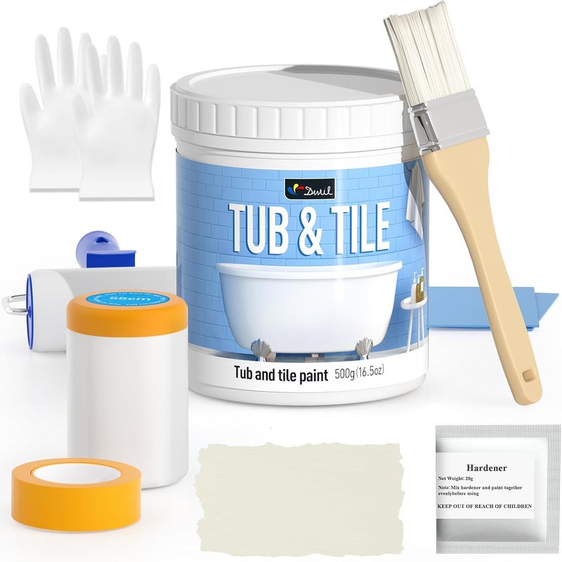 DWIL Tile Paint, Tub and Tile Refinishing Kit with Tools, Bathtub Paint Water Based &Low Odor, Easy to Use for Bathroom Kitchen, Semi-Gloss Vanilla White - Image 1